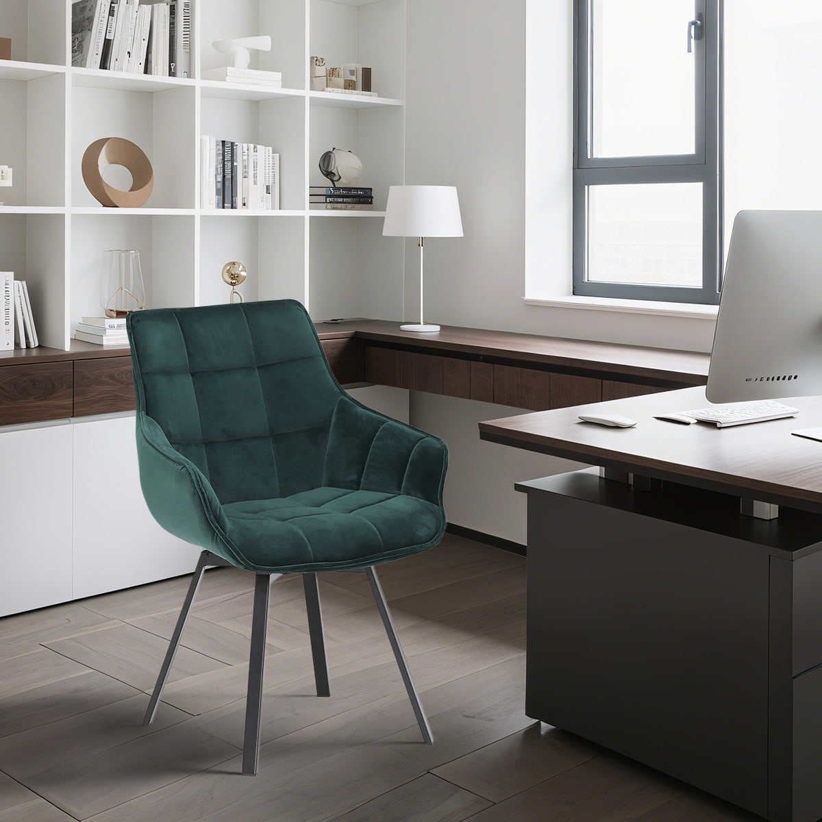 Ghế ăn xoay nhung xanh với chân kim loại đen - Upholstery kiểu kén