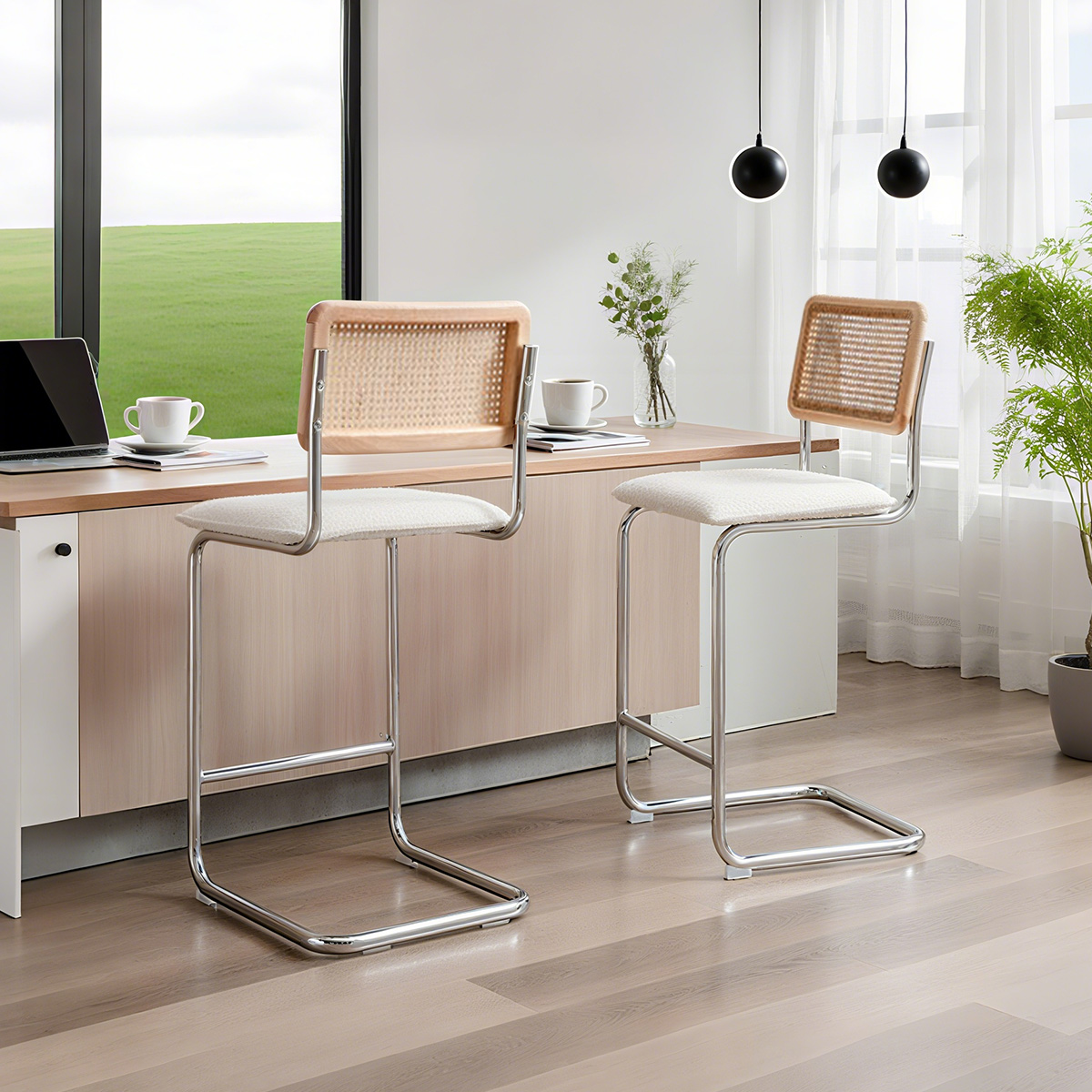 Rattan Back Boucle Bar Stool với cơ sở đúc hẫng chrome-Ghế chiều cao hiện đại giữa thế kỷ