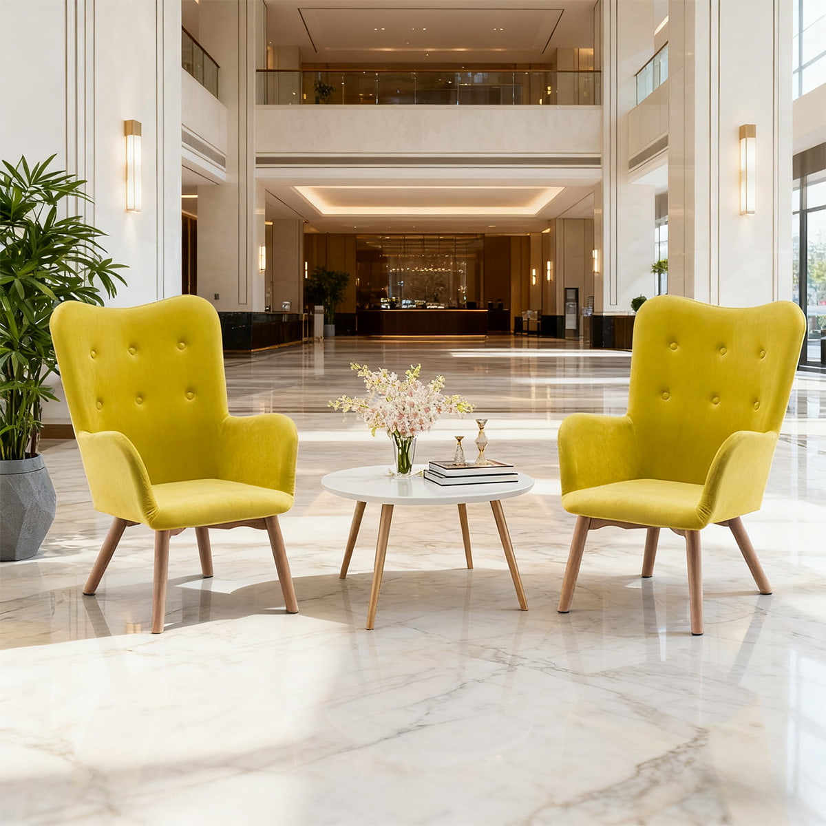 Ghế bành nhung màu vàng hiện đại - Ghế giải trí có lưng tựa có chân và tay vịn bằng gỗ cho phòng khách, phòng ngủ hoặc văn phòng